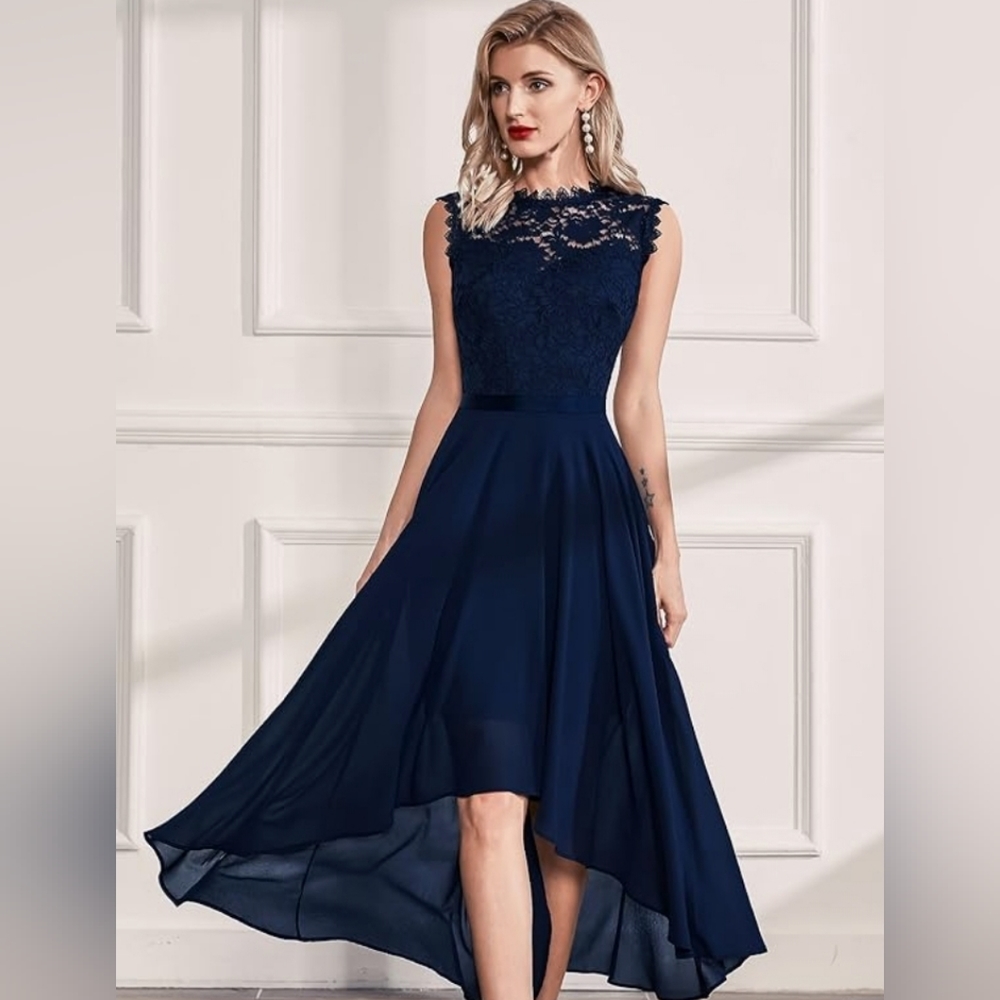 Women's Dress - lace bodice - navy blue